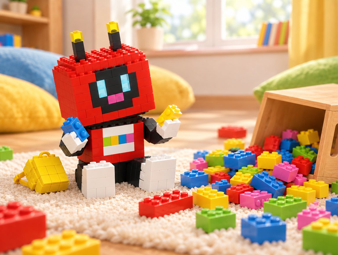 At home Voxel sits beside a tipped-over toy box with bricks jumbled all around him. He holds a brick in each hand and looks puzzled.