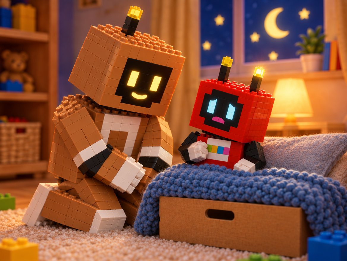 Voxel sits up in bed telling Big Bot something important. Both of his antenna tips glow. Big Bot leans in close to listen.
