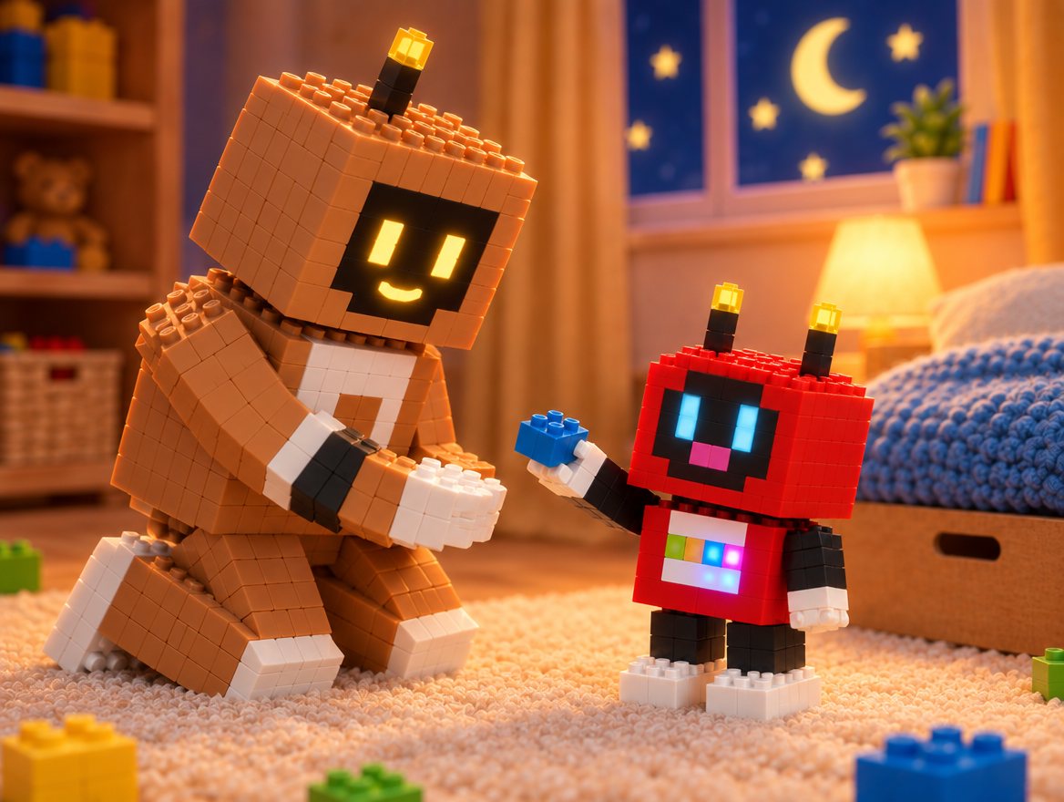 Voxel holds out a brick as he practises asking to play. The buttons on his tummy glow, and Big Bot holds out a hand for it.