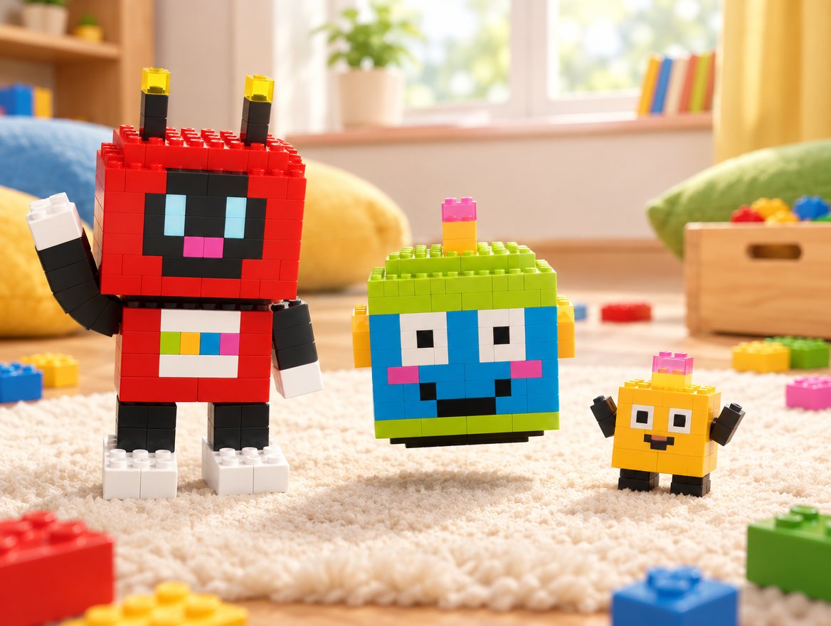 Voxel, Brixel and tiny Dot stand side by side on the rug and wave hello.