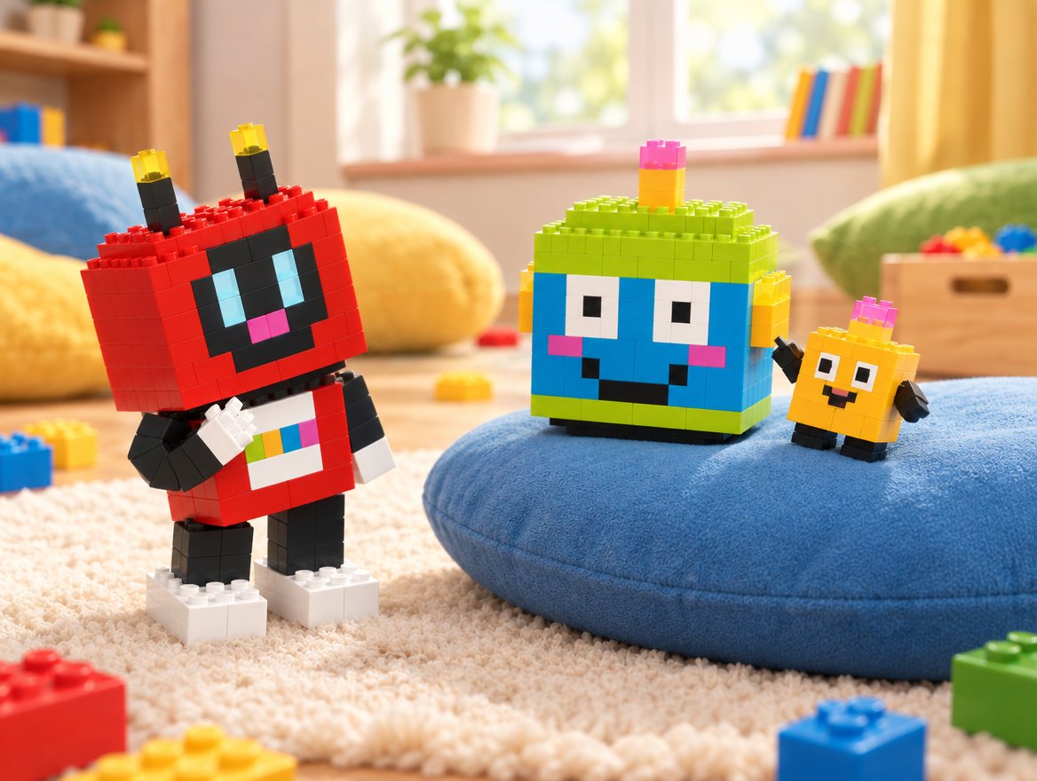 Brixel and Dot stand on a blue cushion. Dot points at Voxel, who stands alone on the rug with a hand on his chest.