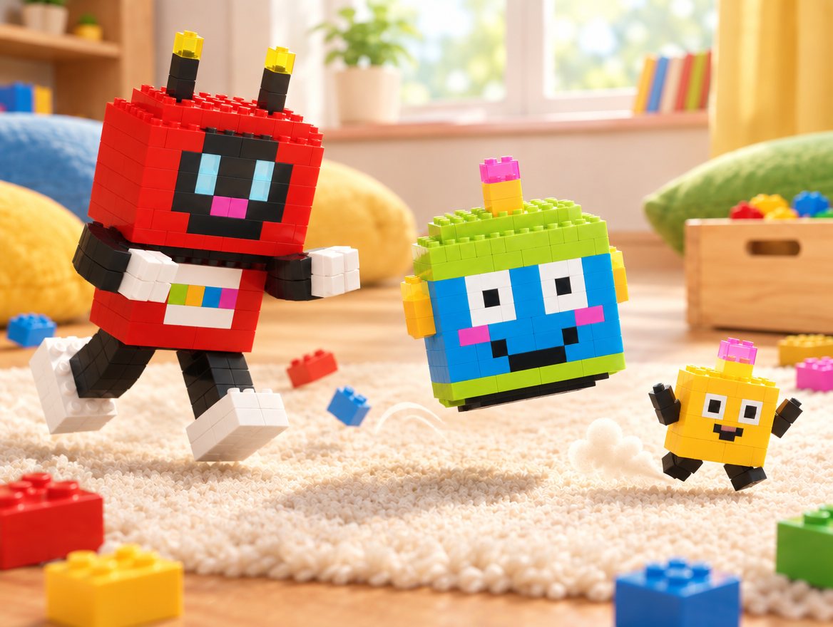 Voxel runs across the rug after Brixel, who is bouncing, and Dot, who is dashing away.