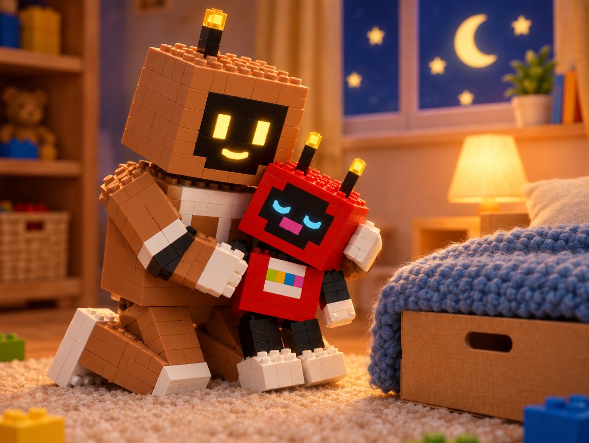Night time. Big Bot, a tall light brown robot, hugs Voxel beside a little shoebox bed.
