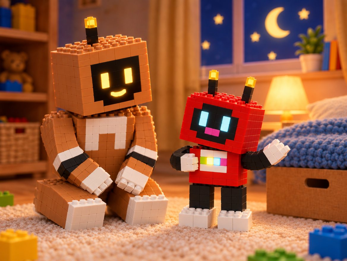 Voxel practises with one hand held out. The yellow and blue buttons on his tummy glow while Big Bot watches.