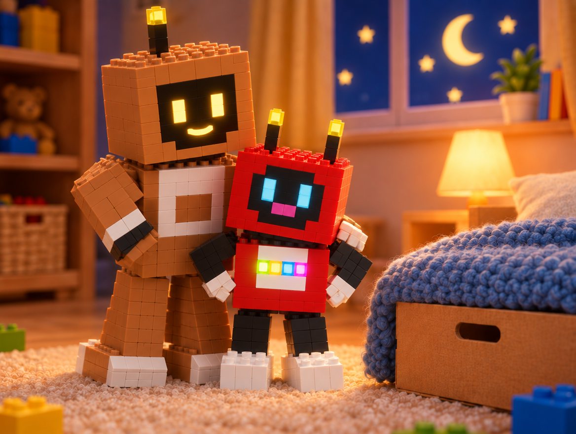 Voxel stands tall with all four buttons glowing. Big Bot stands behind him.