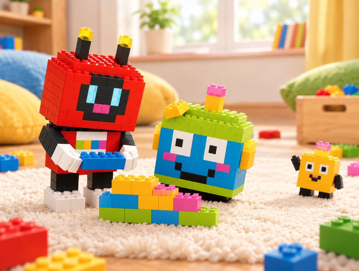 Voxel and Brixel build a wall of bricks together. Over to one side, tiny Dot waves at them, but they do not notice.