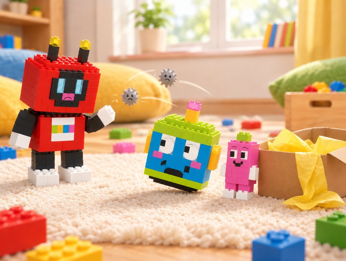 A small pink robot called Pip stands by a gift box with Brixel bouncing beside it. Voxel stands apart with one hand raised.