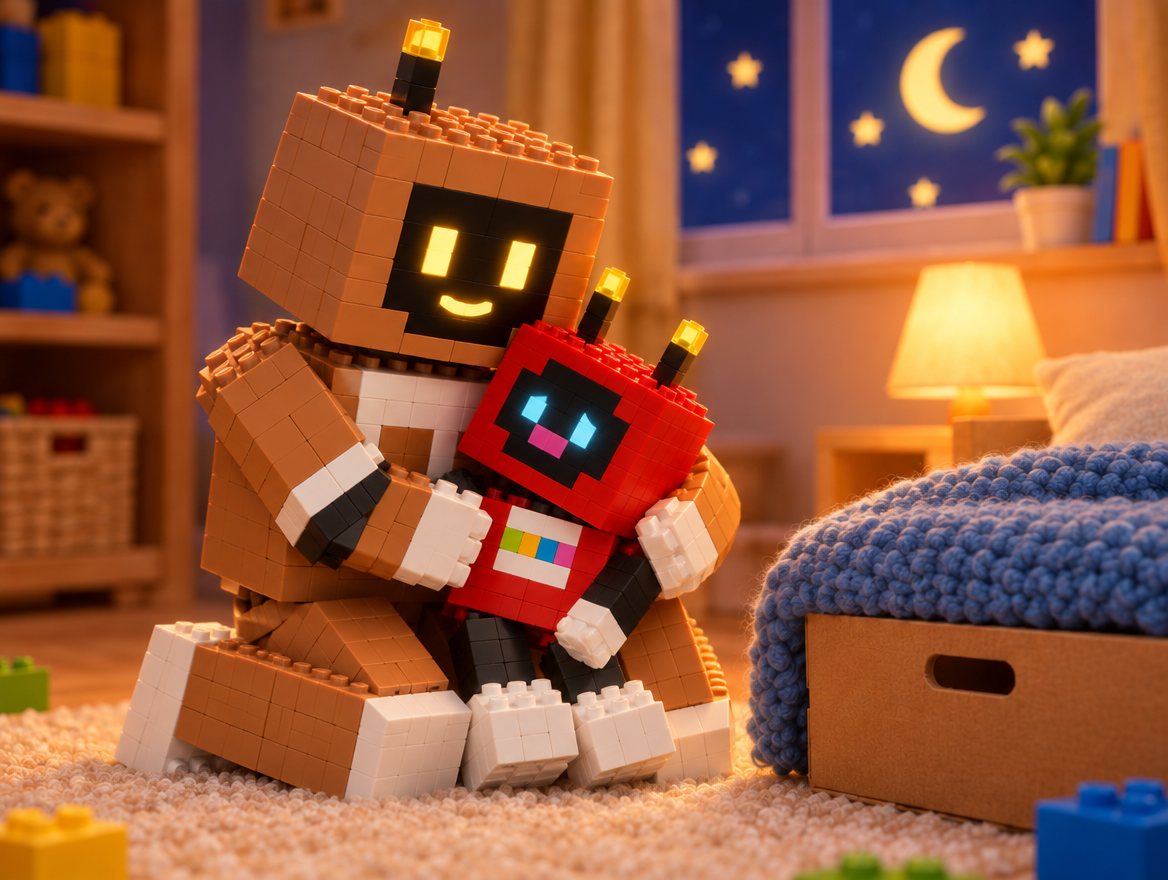 Night time. Voxel sits on Big Bot's lap in a big hug beside the shoebox bed.