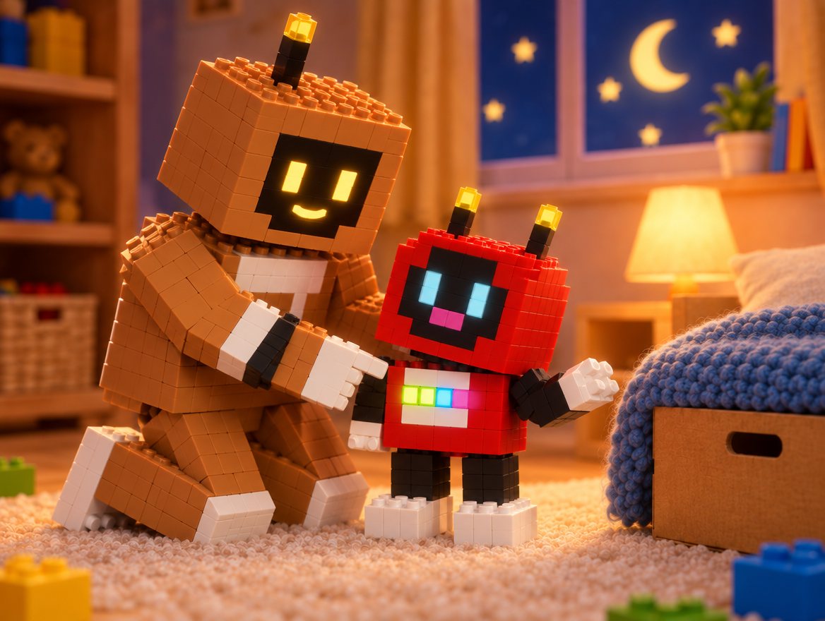 The green, yellow and blue buttons on Voxel's tummy glow as Big Bot points to them.