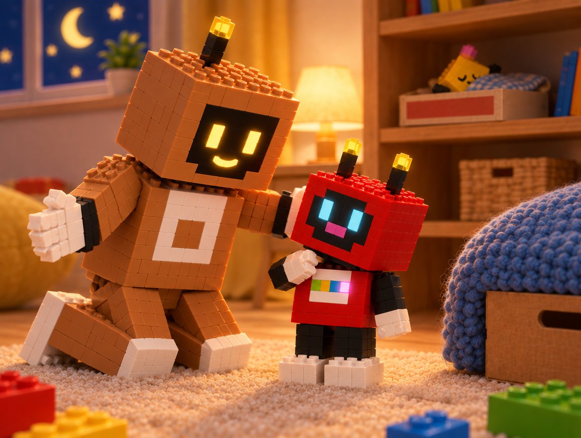 The pink button on Voxel's tummy glows. Big Bot opens both arms wide. Behind them, Dot is asleep on a shelf.