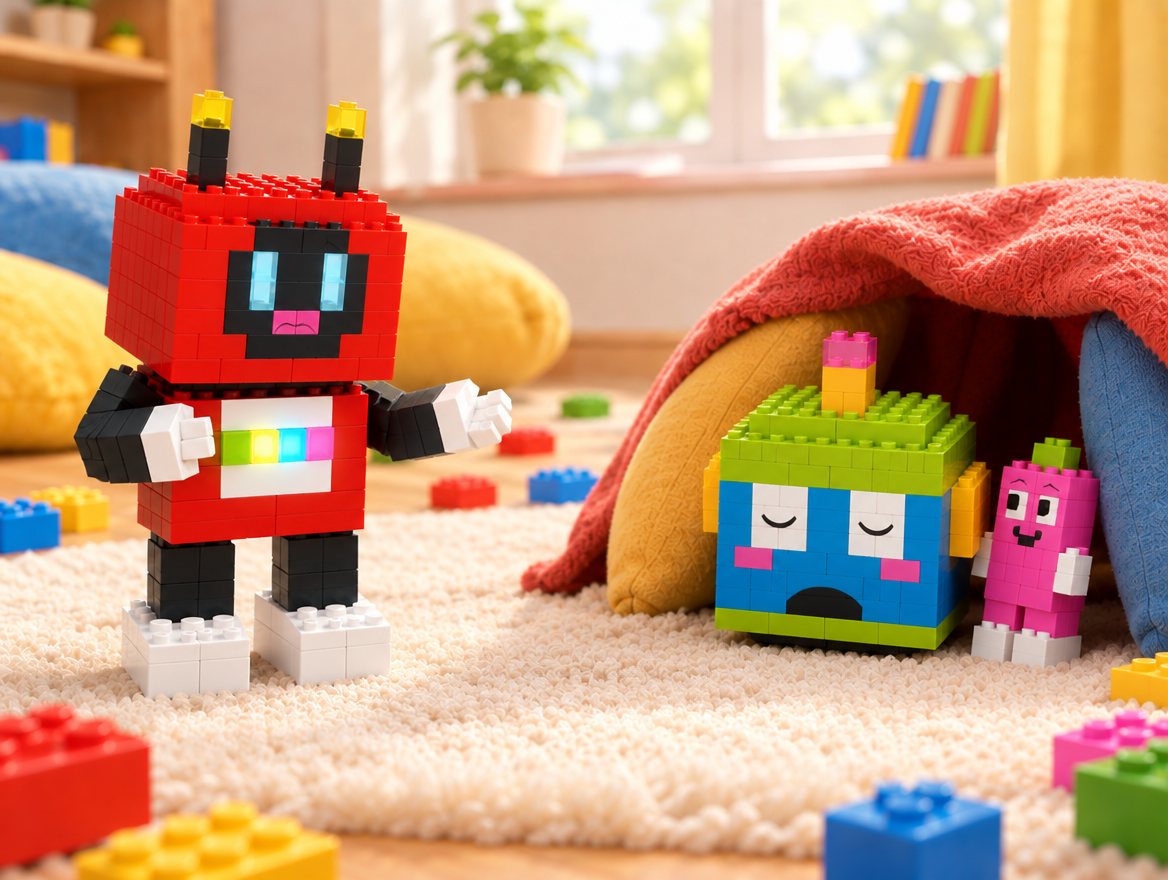 Voxel speaks calmly in front of the den with his yellow and blue buttons glowing. Brixel shakes his head. Pip looks unsure.