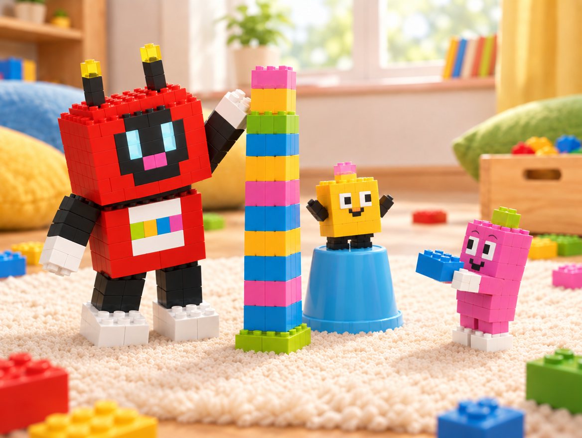 The tower is taller than Voxel now. Pip holds up a brick and Voxel and Dot turn to welcome Pip.